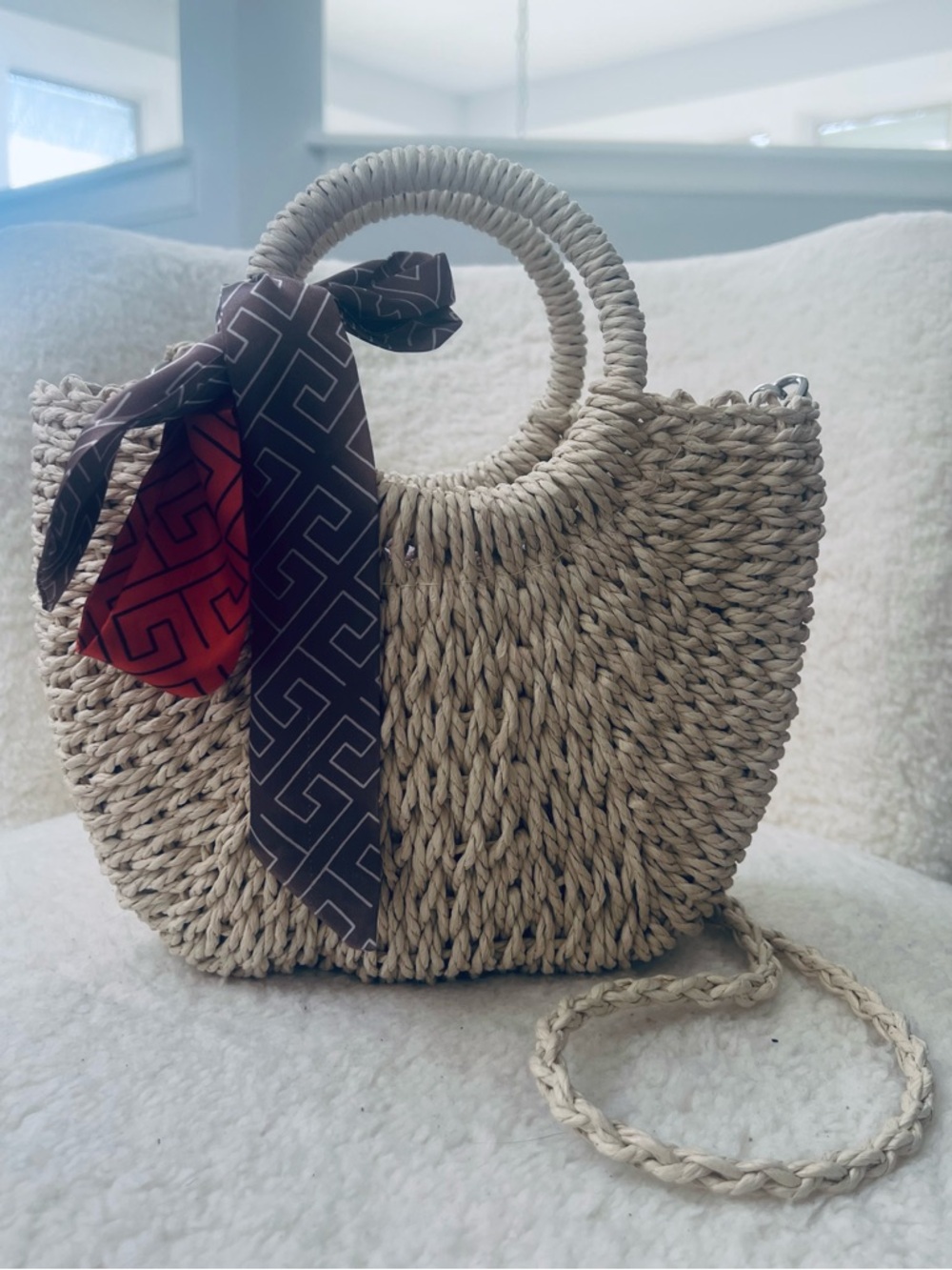 Woven Raffia Straw Circle-Handle Tote Bag with Removable Strap and Scarf